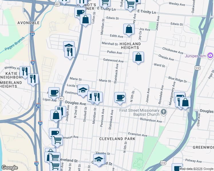 map of restaurants, bars, coffee shops, grocery stores, and more near 1341 Pennock Avenue in Nashville