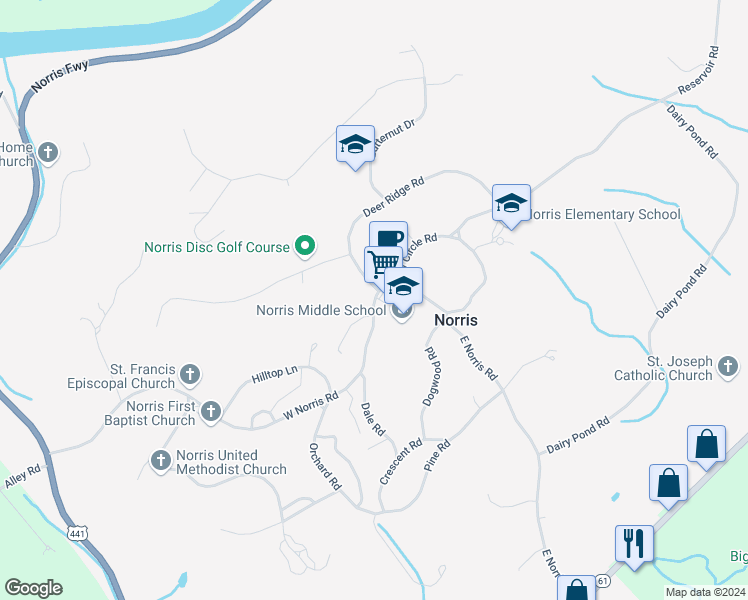 map of restaurants, bars, coffee shops, grocery stores, and more near 42 West Norris Road in Norris