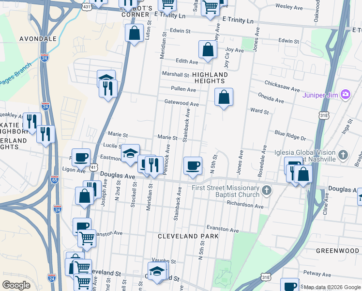 map of restaurants, bars, coffee shops, grocery stores, and more near 1336 Stainback Avenue in Nashville