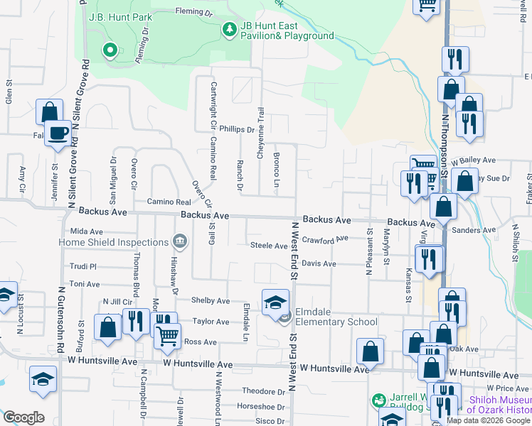map of restaurants, bars, coffee shops, grocery stores, and more near 1614 Backus Avenue in Springdale