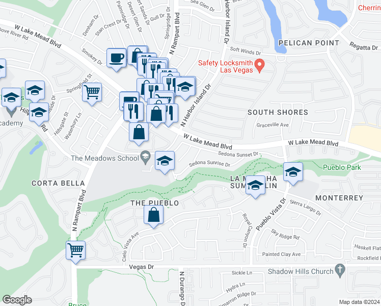 map of restaurants, bars, coffee shops, grocery stores, and more near 2028 Sedona Creek Cir in Las Vegas