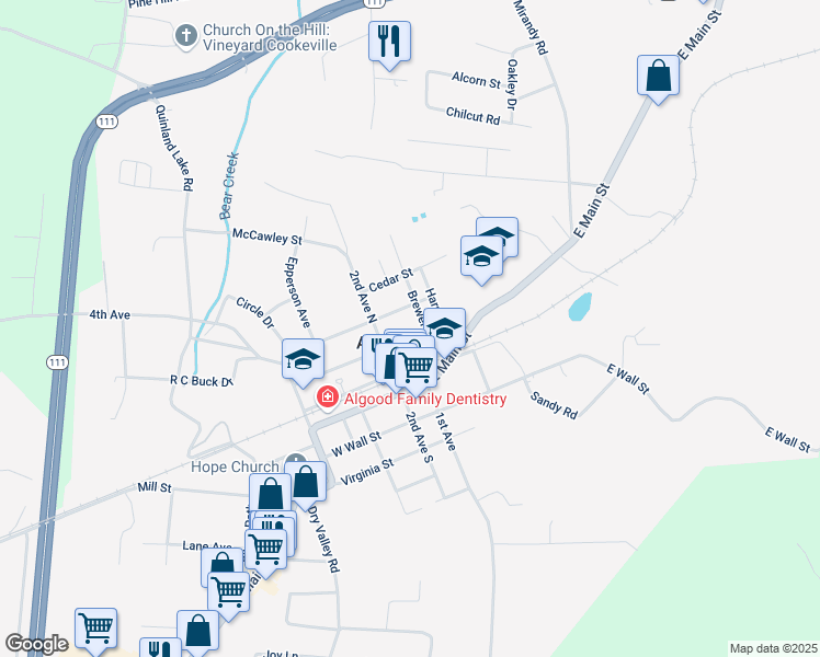 map of restaurants, bars, coffee shops, grocery stores, and more near 128 East Washington Street in Cookeville