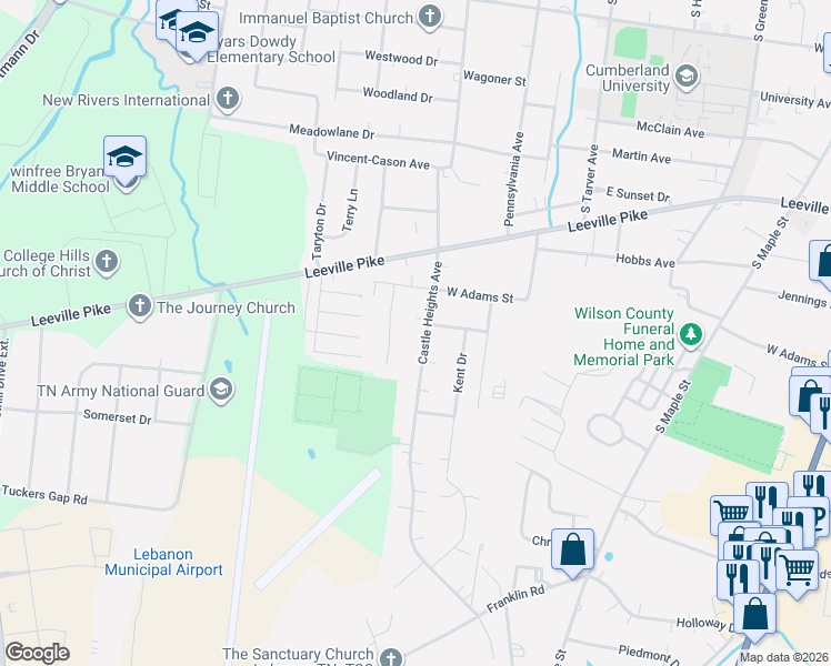 map of restaurants, bars, coffee shops, grocery stores, and more near 706 Castle Heights Avenue in Lebanon