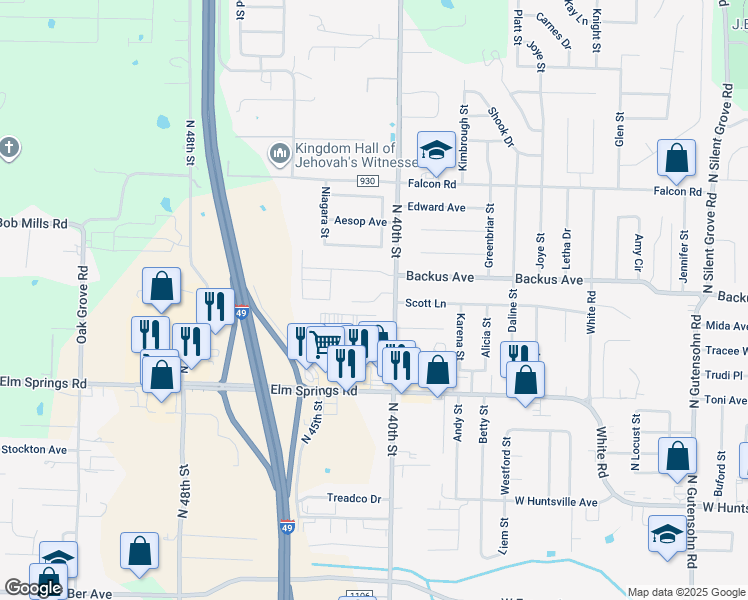 map of restaurants, bars, coffee shops, grocery stores, and more near 3609 Scott Lane in Springdale