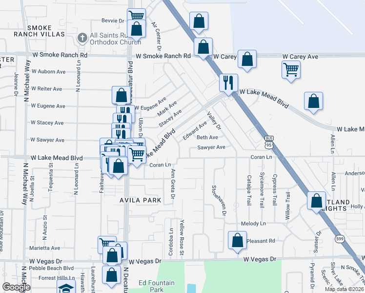 map of restaurants, bars, coffee shops, grocery stores, and more near 2016 Madeline Drive in Las Vegas