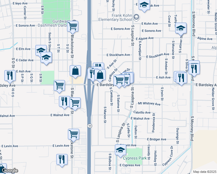 map of restaurants, bars, coffee shops, grocery stores, and more near 1467 East Bardsley Avenue in Tulare