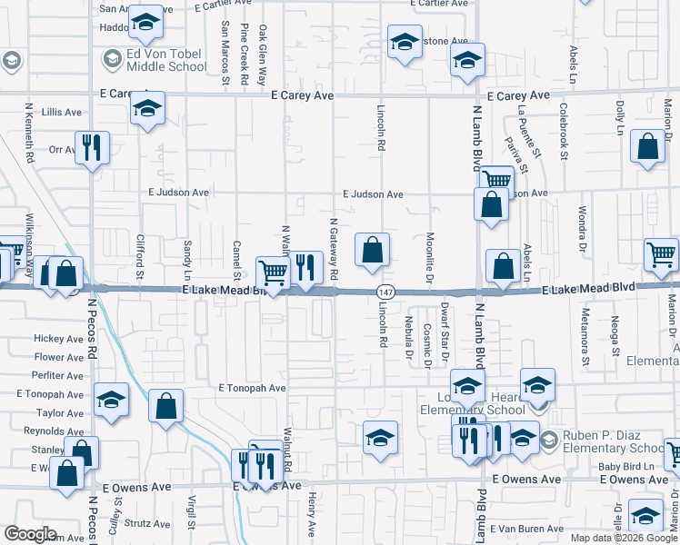 map of restaurants, bars, coffee shops, grocery stores, and more near 2020 North Gateway Road in Las Vegas