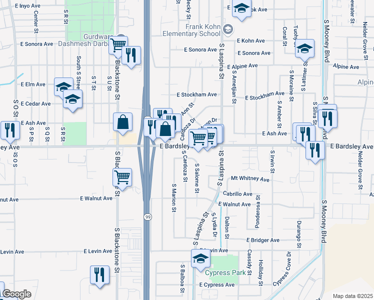 map of restaurants, bars, coffee shops, grocery stores, and more near 1467 East Bardsley Avenue in Tulare