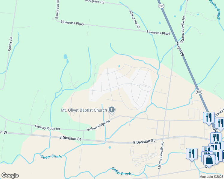 map of restaurants, bars, coffee shops, grocery stores, and more near 6775 Hickory Ridge Road in Lebanon