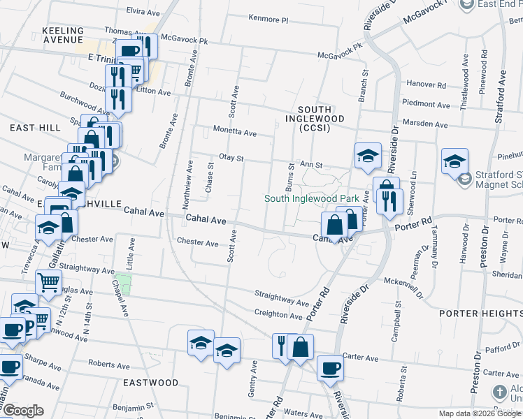 map of restaurants, bars, coffee shops, grocery stores, and more near 2616 Pennington Avenue in Nashville