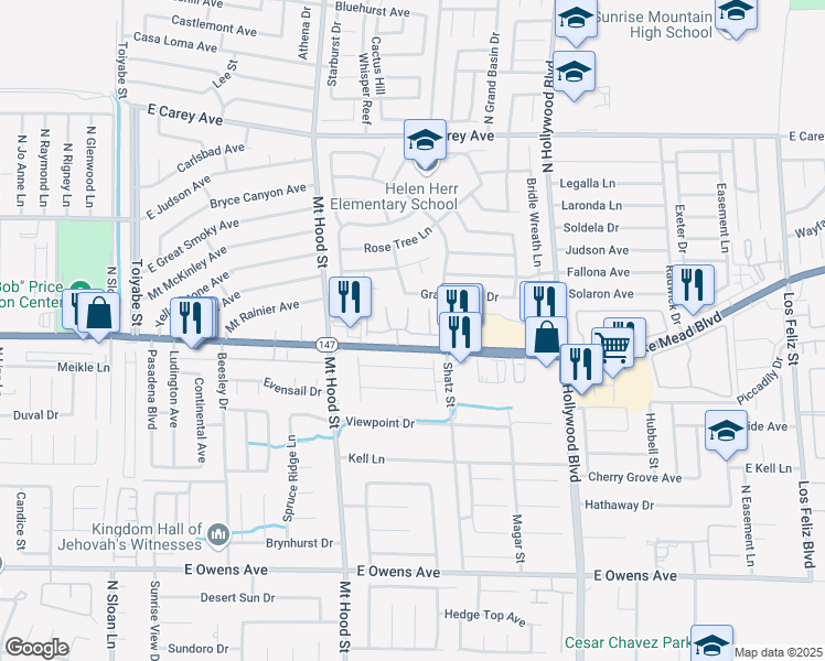 map of restaurants, bars, coffee shops, grocery stores, and more near 6420 East Elwood Mead Avenue in Las Vegas