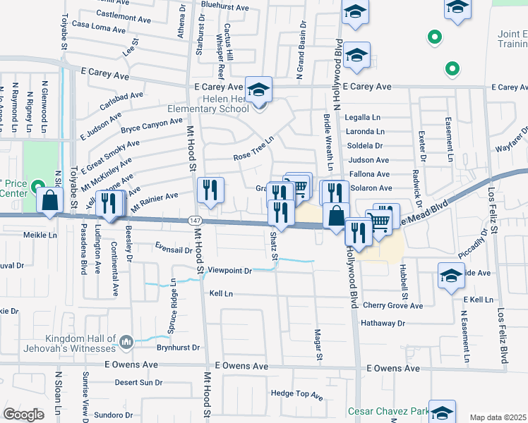 map of restaurants, bars, coffee shops, grocery stores, and more near 6420 East Elwood Mead Avenue in Las Vegas