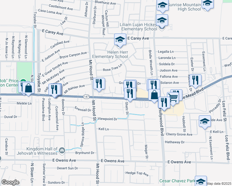 map of restaurants, bars, coffee shops, grocery stores, and more near 6420 East Elwood Mead Avenue in Las Vegas