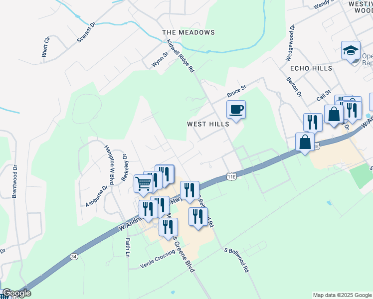 map of restaurants, bars, coffee shops, grocery stores, and more near 4210 Timberly Cate Court in Morristown