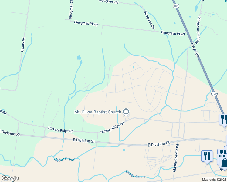 map of restaurants, bars, coffee shops, grocery stores, and more near 7587 Hickory Ridge Road in Mount Juliet
