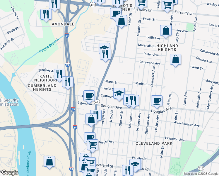 map of restaurants, bars, coffee shops, grocery stores, and more near 112 Lucile Street in Nashville