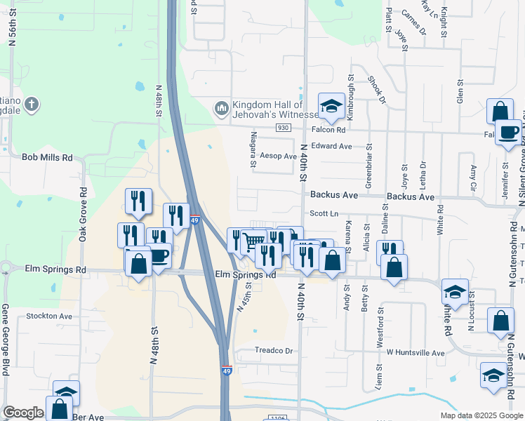 map of restaurants, bars, coffee shops, grocery stores, and more near 1301 Steuben Street in Springdale