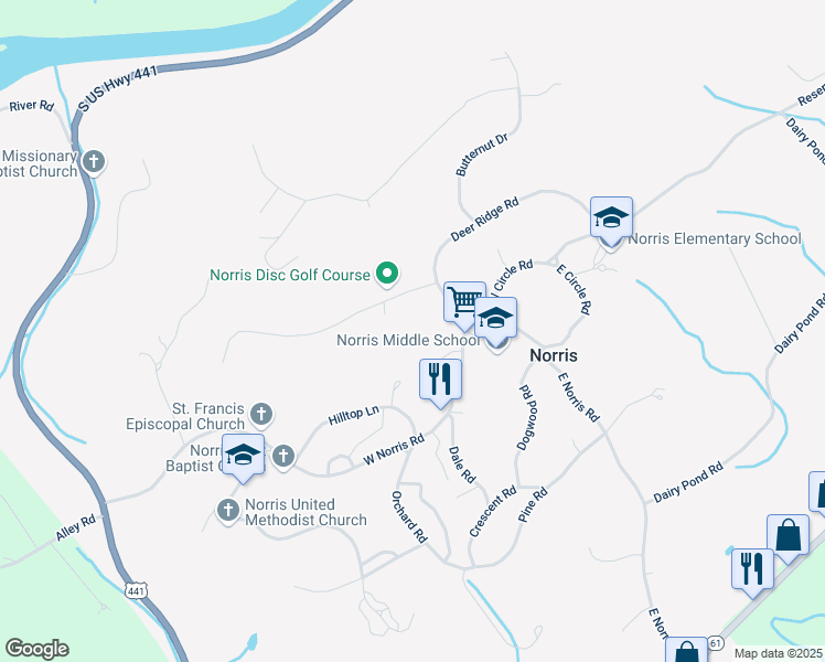 map of restaurants, bars, coffee shops, grocery stores, and more near 11D Chestnut Drive in Norris