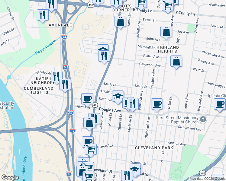 map of restaurants, bars, coffee shops, grocery stores, and more near 131 Lucile Street in Nashville