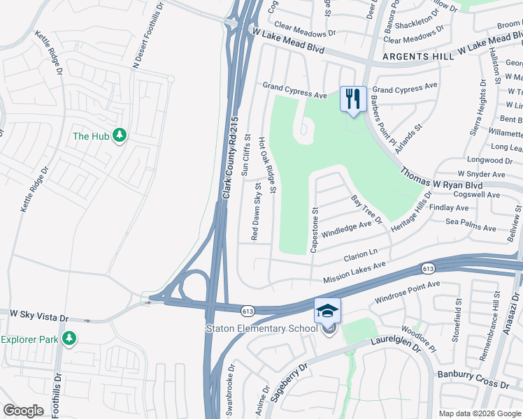map of restaurants, bars, coffee shops, grocery stores, and more near 2104 Red Dawn Sky Street in Las Vegas