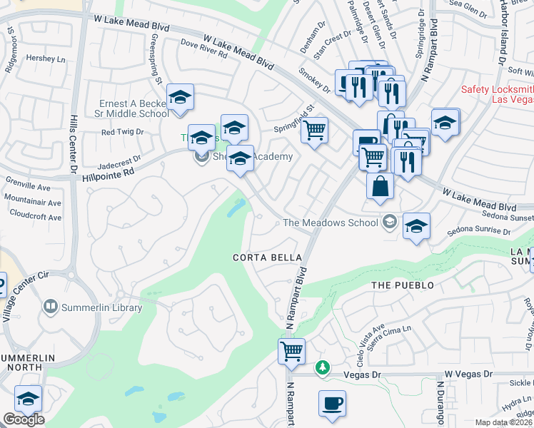 map of restaurants, bars, coffee shops, grocery stores, and more near 8833 Valley Creek Drive in Las Vegas