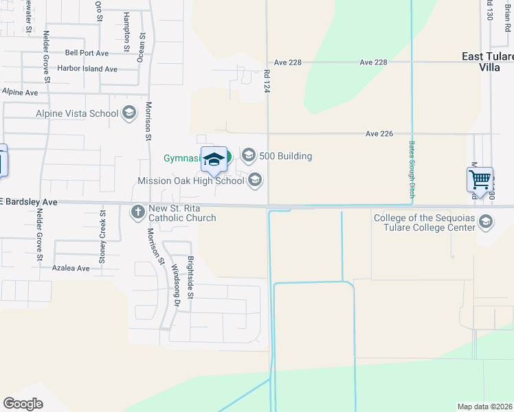 map of restaurants, bars, coffee shops, grocery stores, and more near 3442 East Bardsley Avenue in Tulare