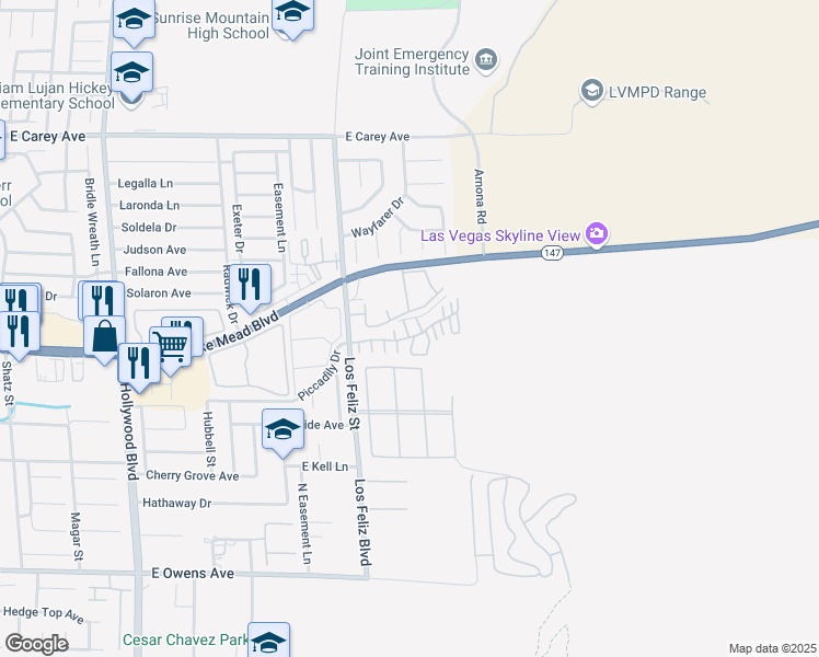map of restaurants, bars, coffee shops, grocery stores, and more near North Los Feliz Street in Sunrise Manor