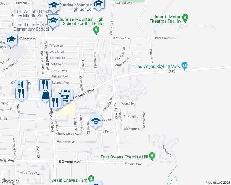 map of restaurants, bars, coffee shops, grocery stores, and more near 205 Piccadily Drive in Las Vegas