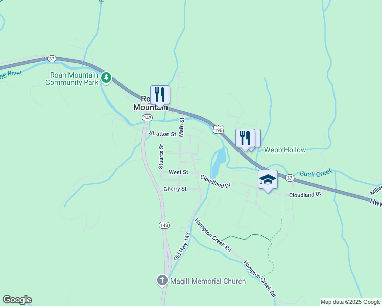 map of restaurants, bars, coffee shops, grocery stores, and more near 401 Johnson Street in Roan Mountain