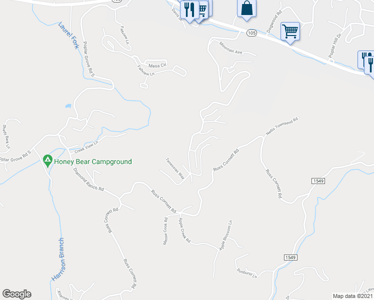 map of restaurants, bars, coffee shops, grocery stores, and more near 1304 Snaggy Mountain Boulevard in Boone