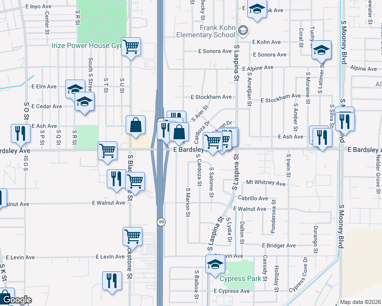 map of restaurants, bars, coffee shops, grocery stores, and more near 1375 East Bardsley Avenue in Tulare
