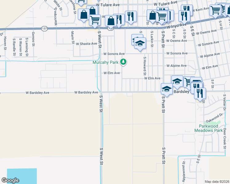 map of restaurants, bars, coffee shops, grocery stores, and more near 665 South Sacramento Street in Tulare