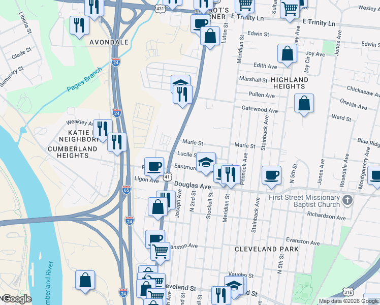 map of restaurants, bars, coffee shops, grocery stores, and more near 109 Lucile Street in Nashville