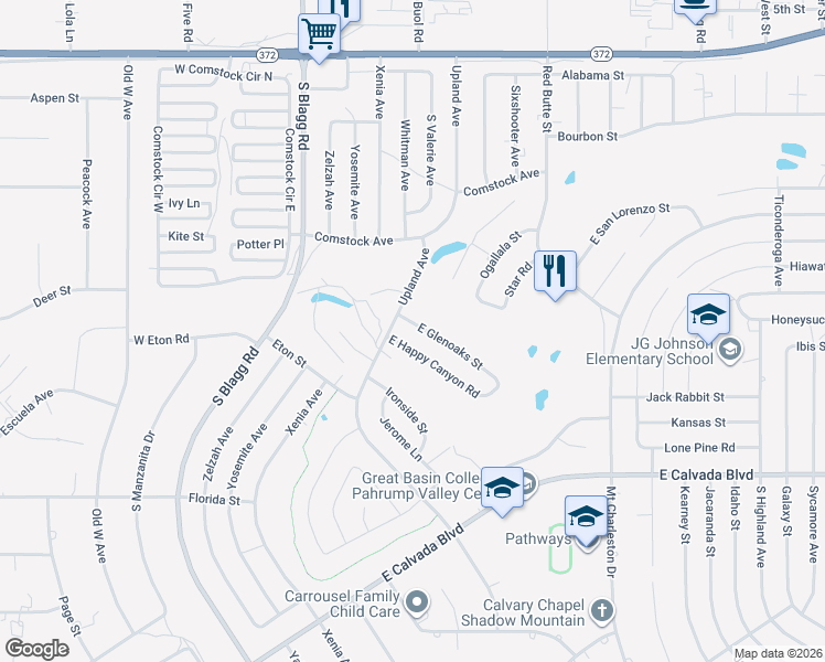 map of restaurants, bars, coffee shops, grocery stores, and more near 241 East Glenoaks Street in Pahrump