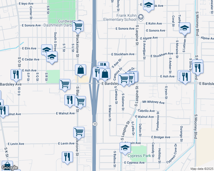 map of restaurants, bars, coffee shops, grocery stores, and more near 1375 East Bardsley Avenue in Tulare