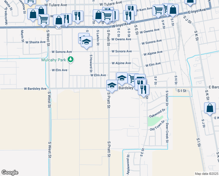 map of restaurants, bars, coffee shops, grocery stores, and more near 737 West Bardsley Avenue in Tulare