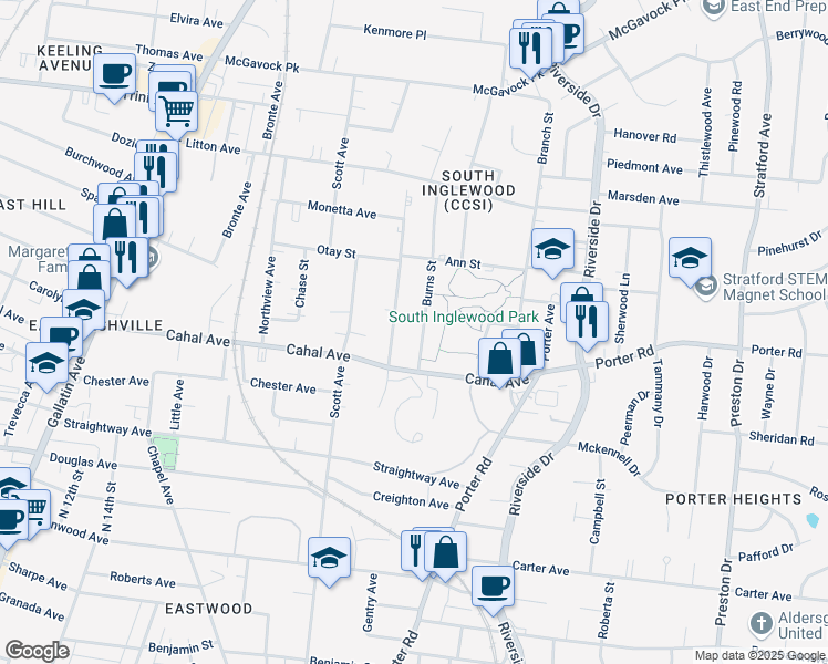 map of restaurants, bars, coffee shops, grocery stores, and more near 2114B Burns Street in Nashville