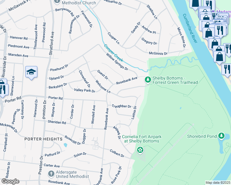 map of restaurants, bars, coffee shops, grocery stores, and more near 1723 Welcome Lane in Nashville