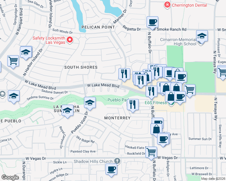 map of restaurants, bars, coffee shops, grocery stores, and more near 1908 High Valley Court in Las Vegas