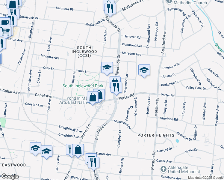 map of restaurants, bars, coffee shops, grocery stores, and more near 1614 Riverside Drive in Nashville