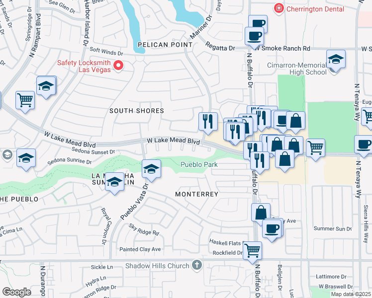 map of restaurants, bars, coffee shops, grocery stores, and more near 1908 High Valley Court in Las Vegas