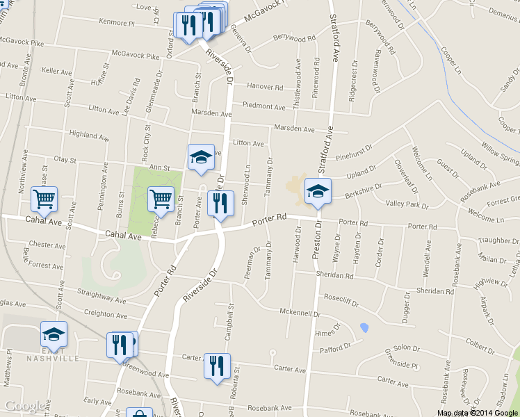 map of restaurants, bars, coffee shops, grocery stores, and more near 1824 Tammany Dr in Nashville