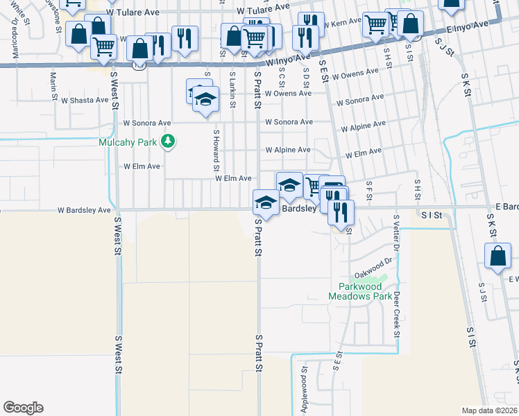 map of restaurants, bars, coffee shops, grocery stores, and more near 1070 South Pratt Street in Tulare