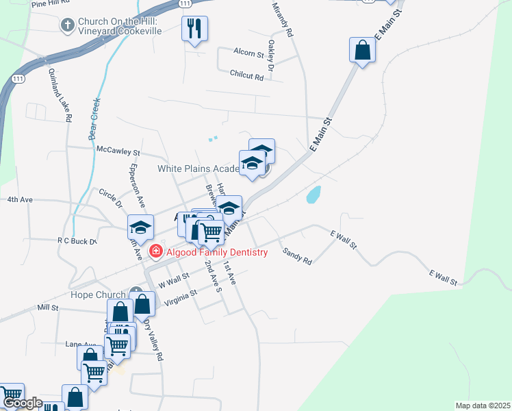 map of restaurants, bars, coffee shops, grocery stores, and more near 211 East Main Street in Cookeville