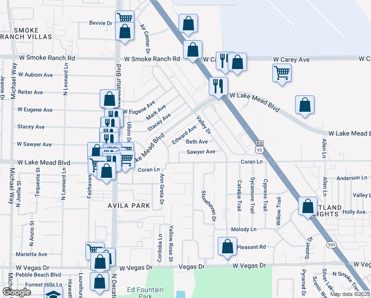 map of restaurants, bars, coffee shops, grocery stores, and more near 4320 Sawyer Avenue in Las Vegas