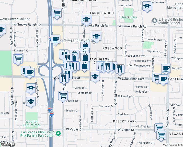 map of restaurants, bars, coffee shops, grocery stores, and more near 6500 West Lake Mead Boulevard in Las Vegas