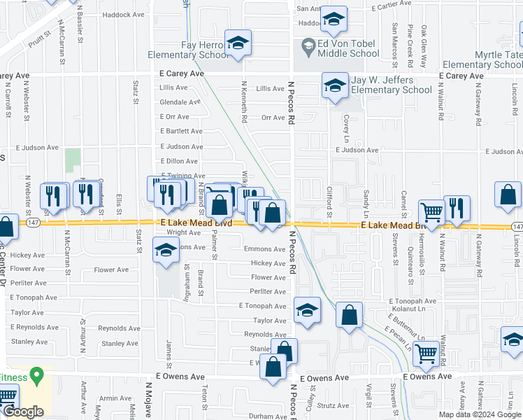 map of restaurants, bars, coffee shops, grocery stores, and more near 3505 Thomas Avenue in North Las Vegas