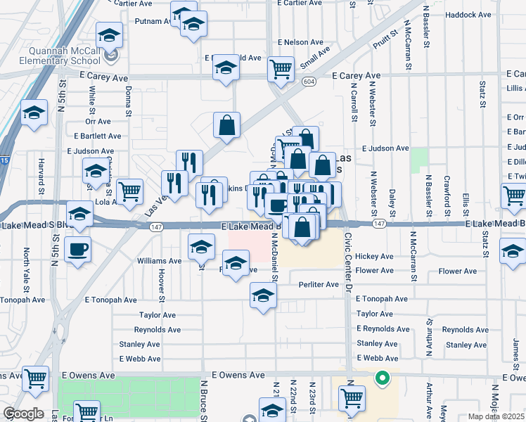 map of restaurants, bars, coffee shops, grocery stores, and more near 1616 East Lake Mead Boulevard in North Las Vegas
