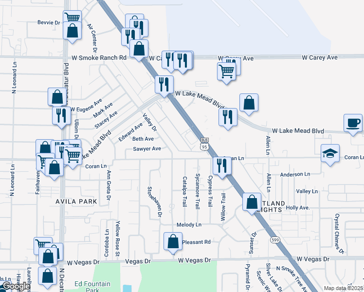 map of restaurants, bars, coffee shops, grocery stores, and more near 2031 Hussium Hills Street in Las Vegas