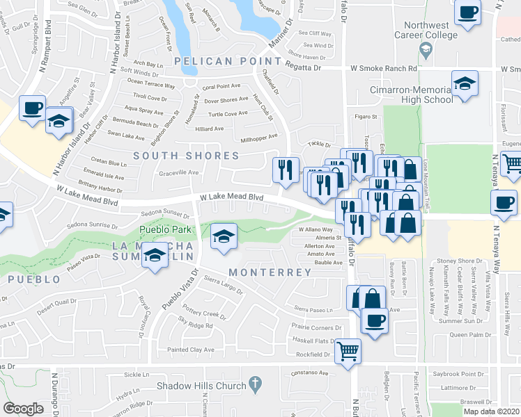 map of restaurants, bars, coffee shops, grocery stores, and more near 1908 High Valley Court in Las Vegas